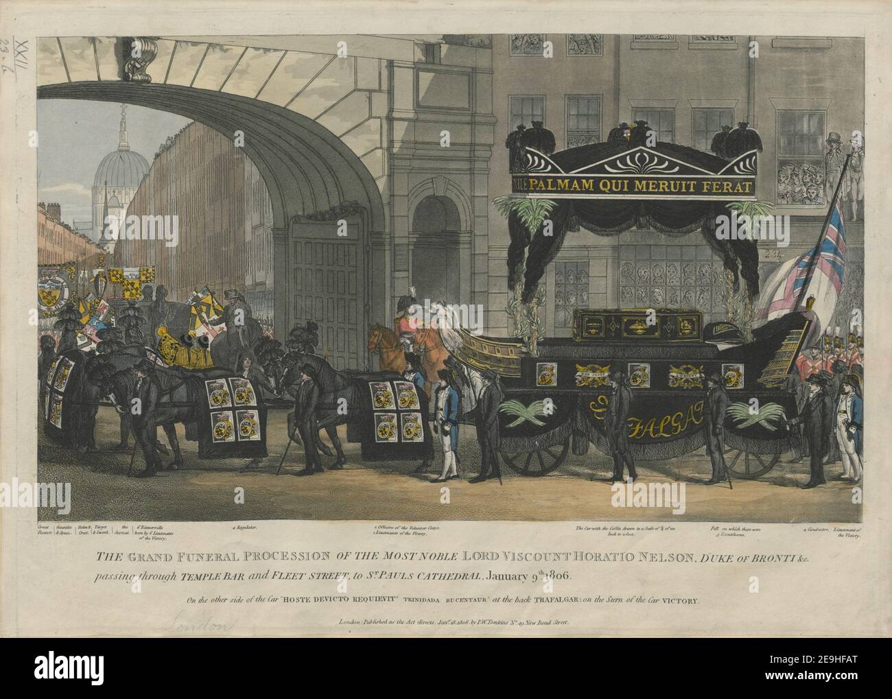 LA GRANDE PROCESSION FUNÉRAIRE DU TRÈS NOBLE ÉTERNEL, LE VICOMTE HORATIO NELSON, DUC DE BRONTI & C, PASSANT PAR LE BAR DU TEMPLE ET LA RUE DE LA FLOTTE JUSQU'À LA CATHÉDRALE SAINT-PAUL, LE 9 JANVIER 1806. Informations visuelles : titre : LA PROCESSION DES GRANDS FUNÉRAILLES DU TRÈS NOBLE Lord VISCOUNT HORATIO NELSON, DUC DE BRONTI ,c passant par TEMPLE BAR et FLEET STREET jusqu'À la CATHÉDRALE St PAUL, 9 janvier 1806. 22.23.b. Lieu de publication: London Publisher: Publié comme l'exige la Loi, Jany 18 1806, par P. W. Tomkins No. 49 New Bond Street., Date de publication: [Januar Banque D'Images