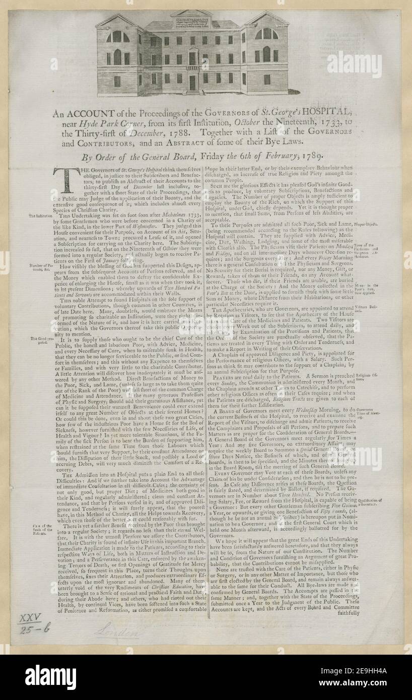 Un COMPTE RENDU des actes des GOUVERNEURS de l'HÔPITAL St. George, près de Hyde Park Corner, de sa première institution, le 19 octobre 1733, à la trente et unième décembre 1788. Avec une liste de matériel visuel information: Titre: Un COMPTE RENDU des délibérations des GOUVERNEURS de l'HÔPITAL St. George, près de Hyde Park Corner, de sa première institution, le 19 octobre 1733, au trente et unième décembre 1788. Avec une liste des GOUVERNEURS et DES CONTRIBUTEURS, et un RÉSUMÉ de certaines de leurs lois Bye. ; 25.25.b. Lieu de pu Banque D'Images