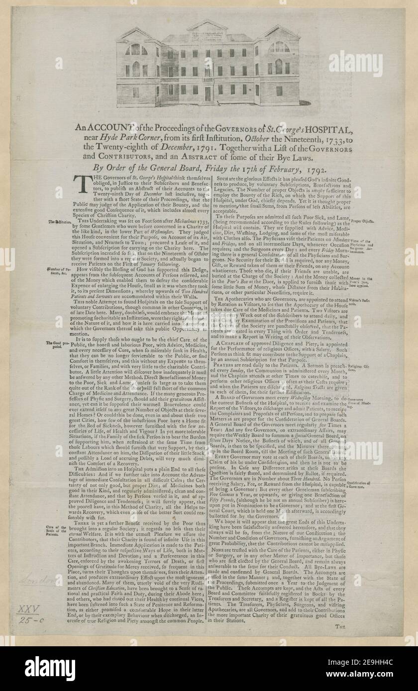 Un COMPTE RENDU des actes des GOUVERNEURS de l'HÔPITAL St. George, près de Hyde Park Corner, de sa première institution, le 19 octobre 1733, à la trente et unième décembre 1788. Avec une liste de matériel visuel information: Titre: Un COMPTE RENDU des délibérations des GOUVERNEURS de l'HÔPITAL St. George, près de Hyde Park Corner, de sa première institution, le 19 octobre 1733, au trente et unième décembre 1788. Avec une liste des GOUVERNEURS et DES CONTRIBUTEURS, et un RÉSUMÉ de certaines de leurs lois Bye. ; 25.25.c. Lieu de pu Banque D'Images