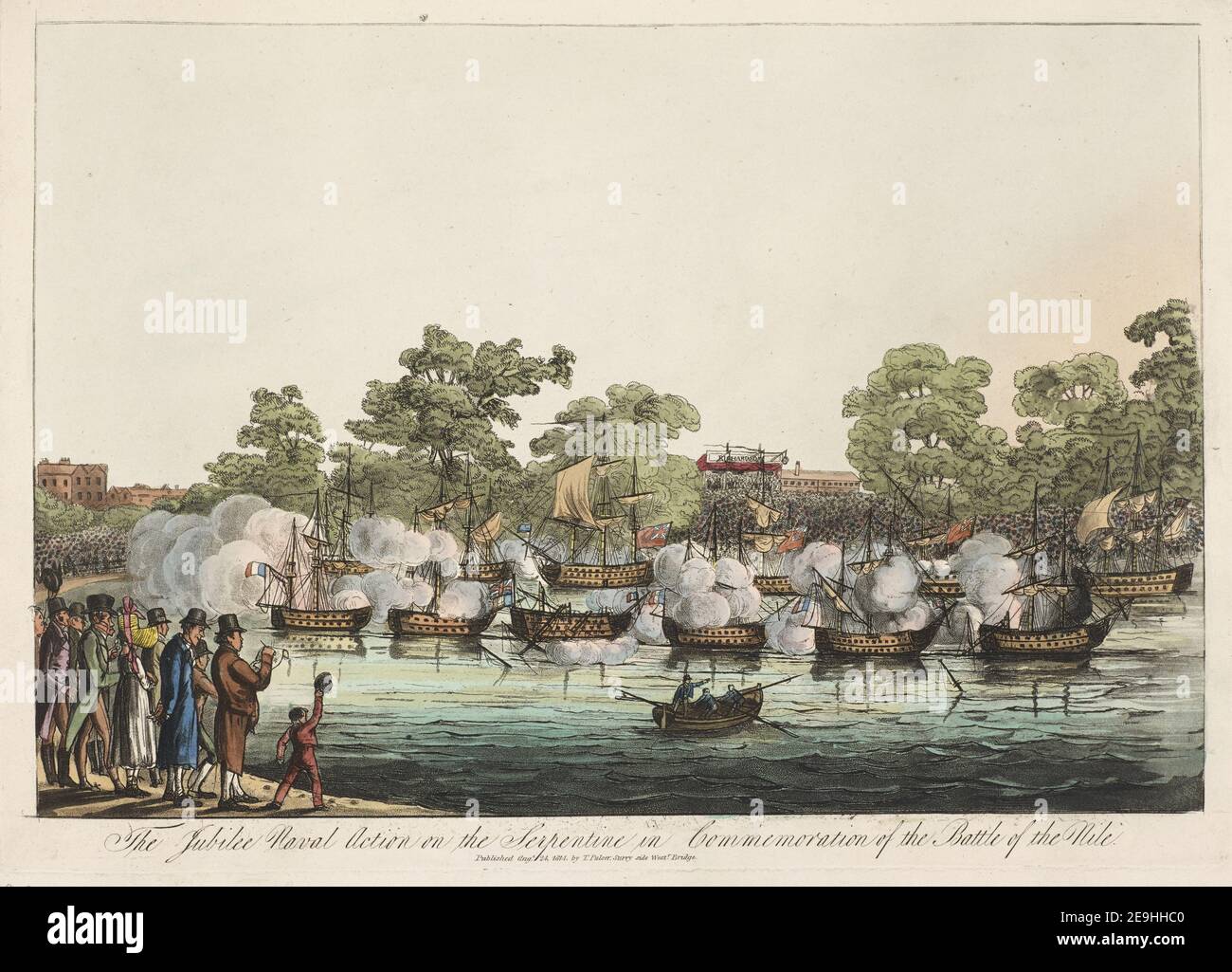 L'action navale du Jubilé sur la Serpentine en commémoration de la bataille du Nil. Auteur Palser, Thomas 26.6.O. Lieu de publication: [Londres] Éditeur: Publié le 24 août 1814, par Thos Palser, Surry Side West Bridge, Date de publication: [Août 24 1814] Type d'article: 1 imprimé milieu: Gravure et aquatint avec coloration manuelle Dimensions: Plaque 24.9 x 35.2 cm, sur feuille 28.2 x 39.9 cm ancien propriétaire: George III, roi de Grande-Bretagne, 1738-1820 Banque D'Images
