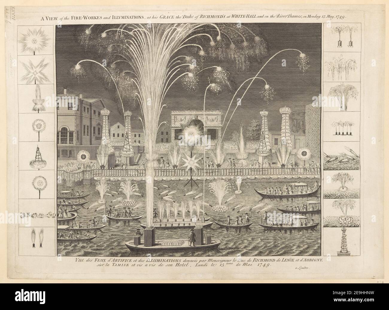 Une VUE sur LE FEU WORKES et LES ILLUMINATIONS, à sa GRÂCE le duc de RICHMOND À WHITE HALL et sur la Tamise, le lundi 15 mai 1749. = Vùe des FEUX d'ARTIFICE et des ILLUMINATIONS faites par Monseigne information visuelle: Titre: Une VUE du FEU-WORKES et DES ILLUMINATIONS, à sa GRÂCE le duc de RICHMOND à LA SALLE BLANCHE et sur la Tamise, le lundi 15 mai 1749. = Vùe des FEUX d'ARTIFICE et des ILLUMINATIONS faites par Monseigneur le Duc de RICHMOND de LENŌX et d'AUBIGNY, sùr le TAMES et vis a vis de son Hôtel, Lundi le 15.ieme de Mai 1749. A Lèdre. Brit Banque D'Images