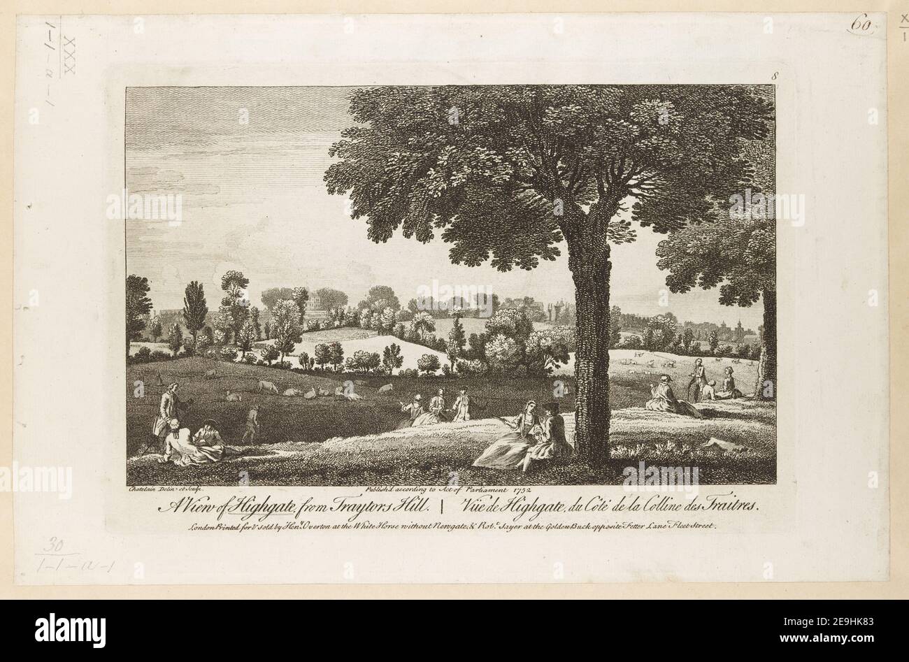 Vue sur Highgate depuis Traytors Hill. = VuÃàe de Highgate, du CoÃÇteÃÅ de la Colline des Traitres. Auteur Chatelain, Jean Baptiste Claude 30.1.1.a. Lieu de publication: London Publisher: Imprimé pour , vendu par Hen.y Overton au White Horse sans Newgate , Rob.t Sayer au Golden Buck en face de Fetter Lane Fleet Street. Publication conformément à la loi du Parlement, Date de publication : 1752. Type d'article: 1 imprimé milieu: Gravure et gravure Dimensions: Platemark 18.8 x 27.6 cm. Ancien propriétaire : George III, roi de Grande-Bretagne, 1738-1820 Banque D'Images