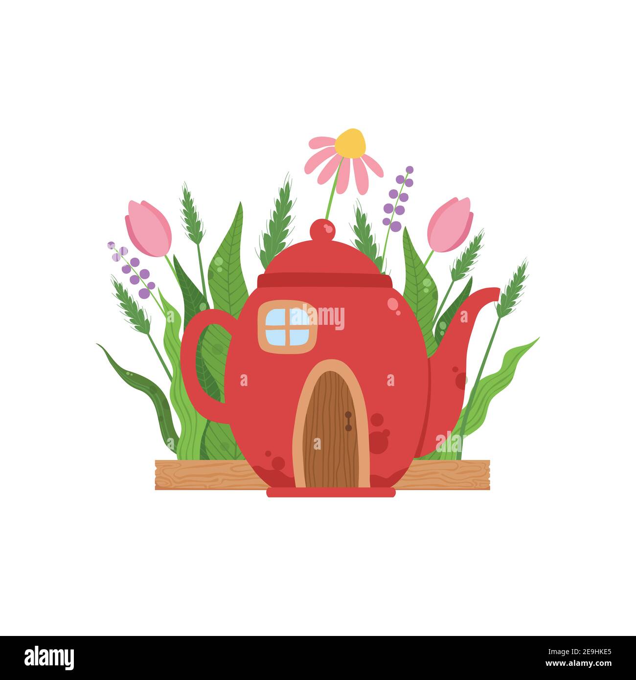 Petite maison en théière rouge, maison de rêve de conte de fées pour gnome, nain ou vecteur elf Illustration sur fond blanc. Heure de printemps Illustration de Vecteur