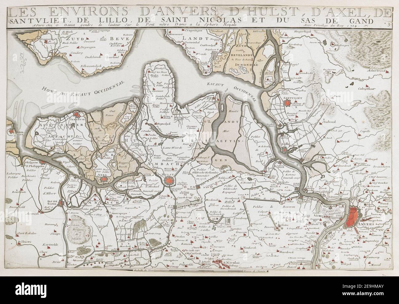 LES ENVIRONS D'ANVERS, D'HULST, D'AXEL, DE SANT VLIET, DE LILLO, DE SAINT NICOLAS ET DU SAS DE GAND AUTEUR FER, NICOLAS DE 102.40.C.3. Lieu de publication: [Paris] Éditeur: [G. Danet ou J. F. BeÃÅnard] Date de publication : [1743.] Type d'article: 1 carte Moyen: Couleur main Dimensions: 31 x 50 cm017747779 ancien propriétaire: George III, Roi de Grande-Bretagne, 1738-1820 Banque D'Images