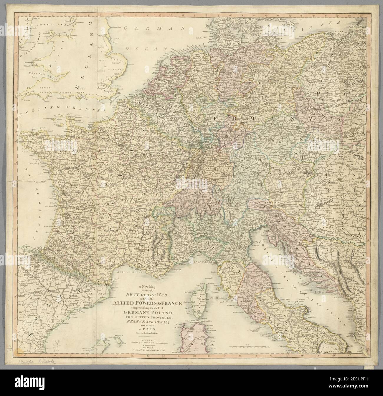 Une nouvelle carte représentant le siège de la guerre entre les puissances alliées et la France, comprenant l'ensemble de l'Allemagne, la Pologne, les provinces-Unis, la France et l'Italie, avec une partie de l'Espagne des meilleures autorités. Informations sur la carte: Titre: Une nouvelle carte qui convie le siège de la guerre entre les puissances alliées , la France, comprenant l'Allemagne, la Pologne, les provinces-Unis, la France et l'Italie, avec une partie de l'Espagne des meilleures autorités. 4.111.2.tab. Lieu de publication: London Éditeur: Publié par C. Smith, cartographe-extraordinaire au Prince Regent, 172, St Banque D'Images