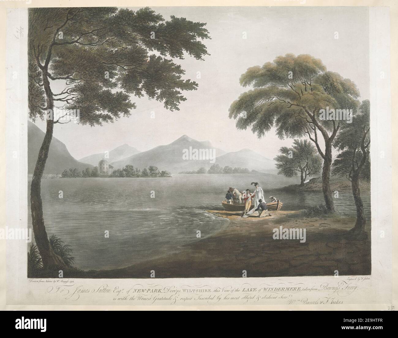 À James Sutton Esqr du NOUVEAU PARC, Devozes WILTSHIRE, cette vue du LAC de WINDERMERE, prise de Bowness Ferry, auteur Jukes, Francis 43.16.g. Lieu de publication: [Londres] Éditeur: [Francis Jukes] Date de publication: [Mars 10 1796] Type d'article: 1 imprimé Moyen: Aquatuint et gravure avec coloration à la main Dimensions: Platemark 45.3 x 54.4 cm (coupé à l'intérieur platemark sur les bords supérieur et inférieur), sur feuille 45.3 x 58.5 cm ancien propriétaire: George III, roi de Grande-Bretagne, 1738-1820 Banque D'Images