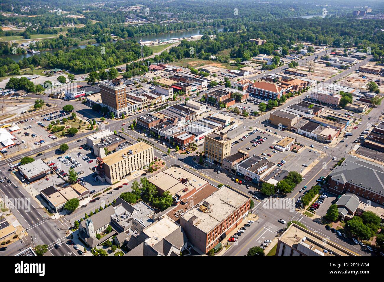 Tuscaloosa Alabama, centre-ville, vue aérienne sur le quartier des affaires, Black Warrior River, Banque D'Images