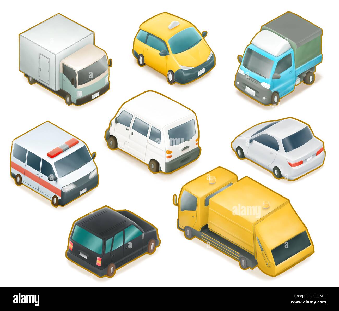 Ensemble de collection de voiture mignon, toute la peinture numérique de camion de conteneur, camion à ordures, camionnette de police, voiture de station, voiture de berline, mini-camionnette, mini-camion et ta Banque D'Images