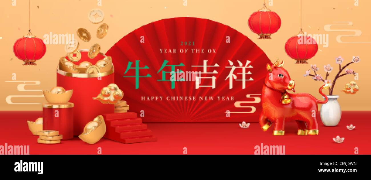 2021 bannière de bienvenue CNY dans l'illustration 3d. Concept du signe du zodiaque chinois ox. Traduction: Bonne année chinoise. Illustration de Vecteur