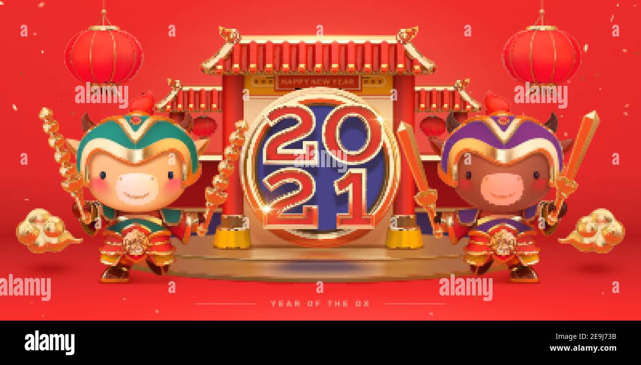 Bannière de célébration du nouvel an chinois 2021 en illustration 3d. Des taureaux mignons portant des armures de Dieu de porte traditionnelles avec un podium de toit chinois. Illustration de Vecteur