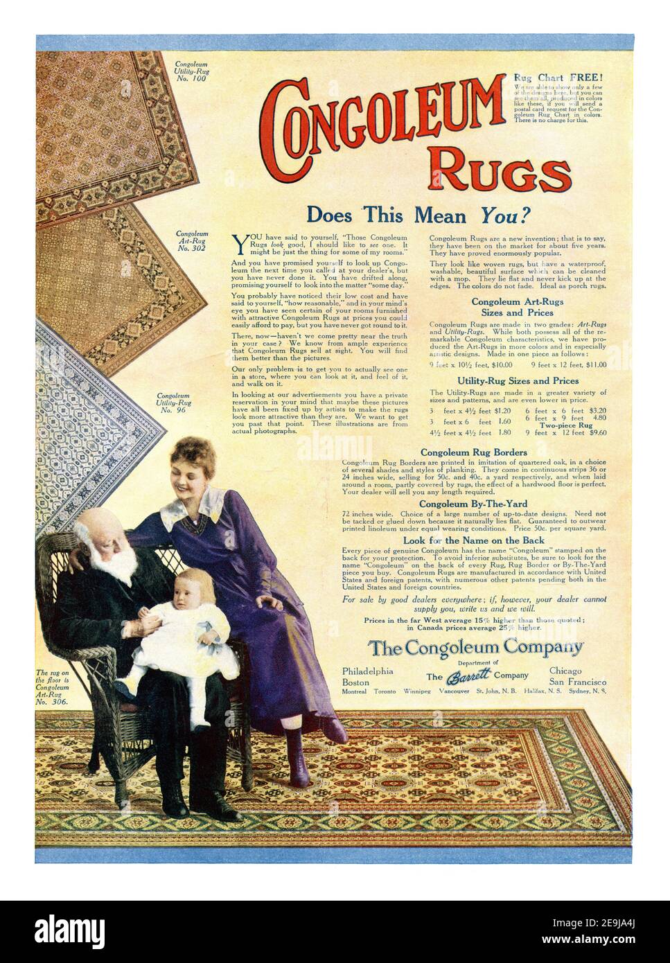 1917 tapis Congoleum 'est-ce que cela signifie vous ?' Publicité, retouchée et ravivée, 600 dpi, qualité poster, A3+ Banque D'Images