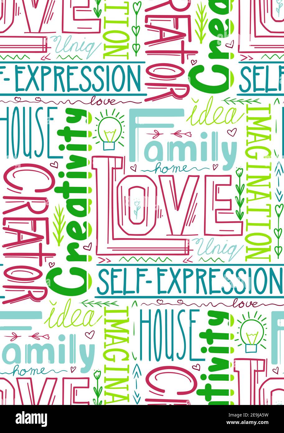 Motif De Mots Sans Couture Papier Peint De Composition De Lettres Famille Et Amour Creativite Et Realisation De Soi Tissu De Citations Et De Phrases Arriere Image Vectorielle Stock Alamy