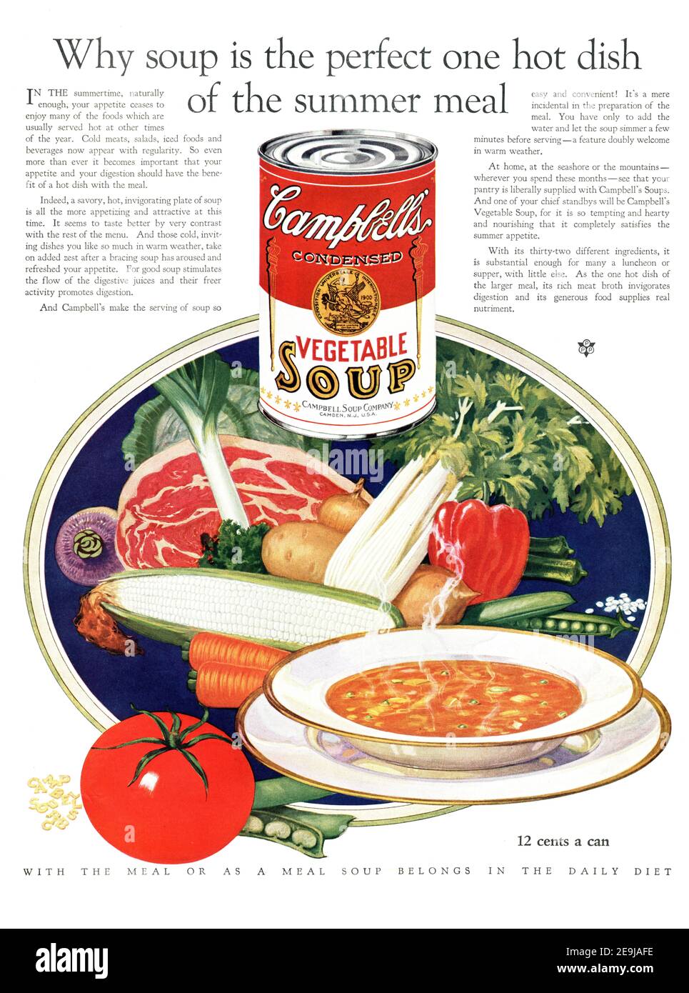 1927 soupe à la tomate Campbell 'Pourquoi la soupe est le parfait plat chaud du repas d'été' Publicité, retouchée et ravivée, 600dpi, qualité d'affiche, A3+ Banque D'Images