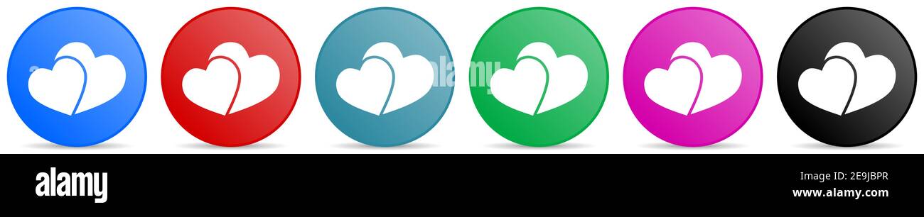 Deux cœurs, icônes vecteur de jour de Saint-Valentin, ensemble de boutons de gradient de cercle dans 6 options de couleurs pour le webdesign et les applications mobiles Illustration de Vecteur