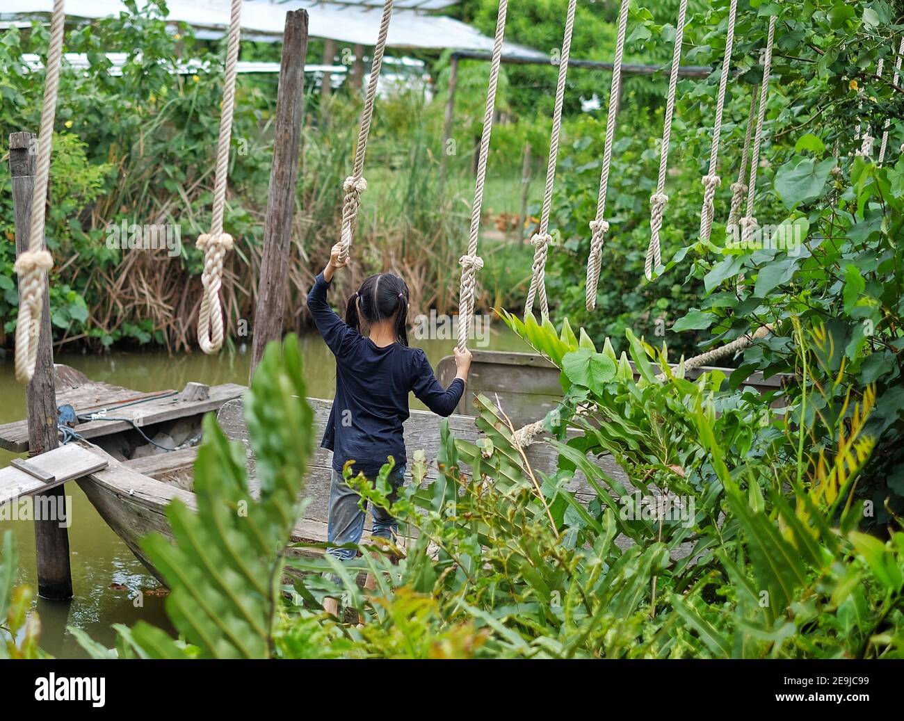 La vue arrière d'une jolie jeune fille asiatique essayant de traverser un petit canal en se équilibrant une bûche avec une corde sur sa tête pour l'aider Banque D'Images