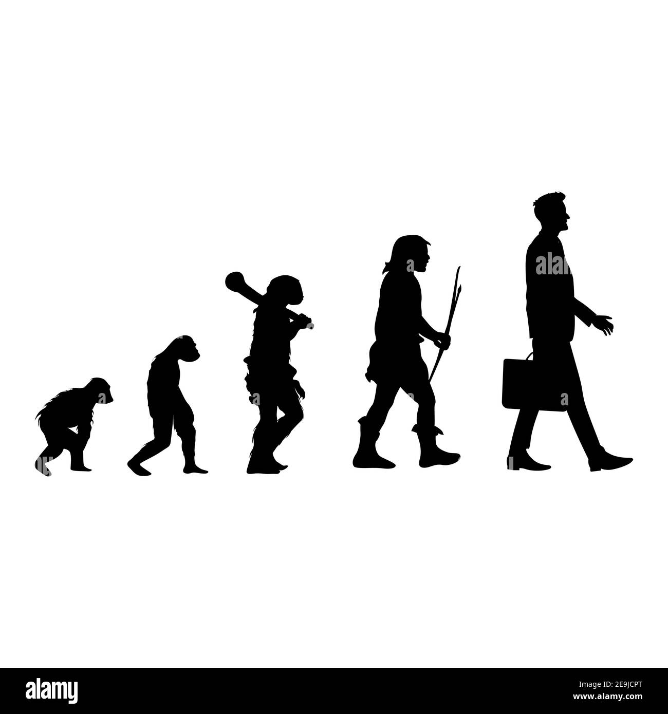 Silhouette noire de l'évolution humaine, de la singe à l'homme. Silhouette humaine vectorielle, singe et cavete, illustration de l'évolution graphique de l'homo de marche, histoire p Illustration de Vecteur