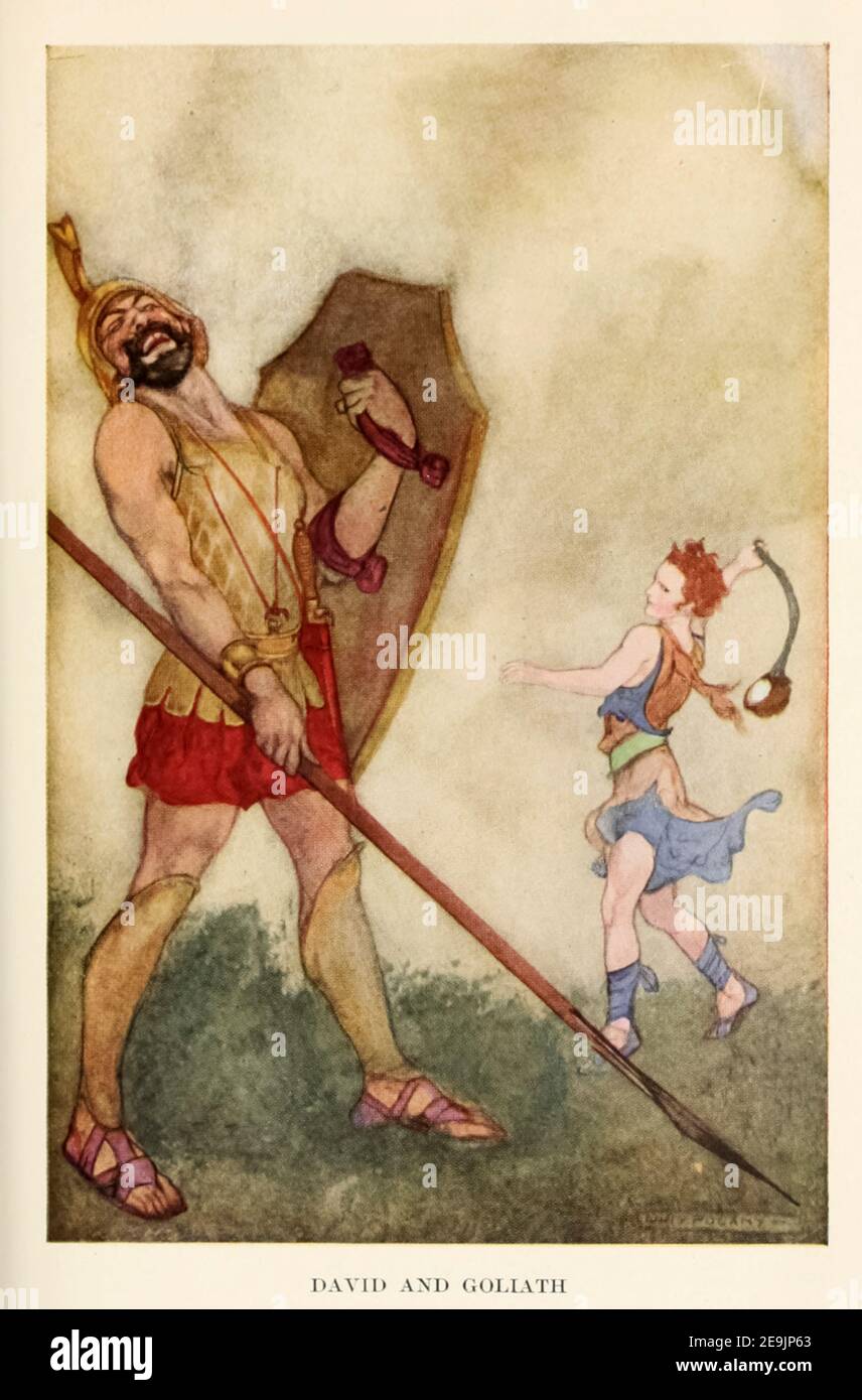 David et Goliath du livre ' histoires bibliques à lire et à raconter : 150 histoires de l'ancien Testament, avec des références à l'ancien et au Nouveau Testament ' illustrés par Willy Pogany [William Andrew Pogany (né Vilmos András Pogány; 24 août 1882 – 30 juillet 1955) était un illustrateur hongrois prolifique de livres pour enfants et autres.] Histoires éditées par Olcott, Frances Jenkins publié à Boston par Houghton Mifflin Company en 1916 Banque D'Images
