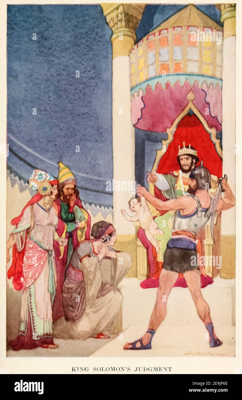 Le jugement du roi Salomon du livre ' histoires bibliques à lire et à raconter : 150 histoires de l'ancien Testament, avec des références à l'ancien et au Nouveau Testament ' illustrés par Willy Pogany [William Andrew Pogany (né Vilmos András Pogány; 24 août 1882 – 30 juillet 1955) était un illustrateur hongrois prolifique de livres pour enfants et autres.] Histoires éditées par Olcott, Frances Jenkins publié à Boston par Houghton Mifflin Company en 1916 Banque D'Images