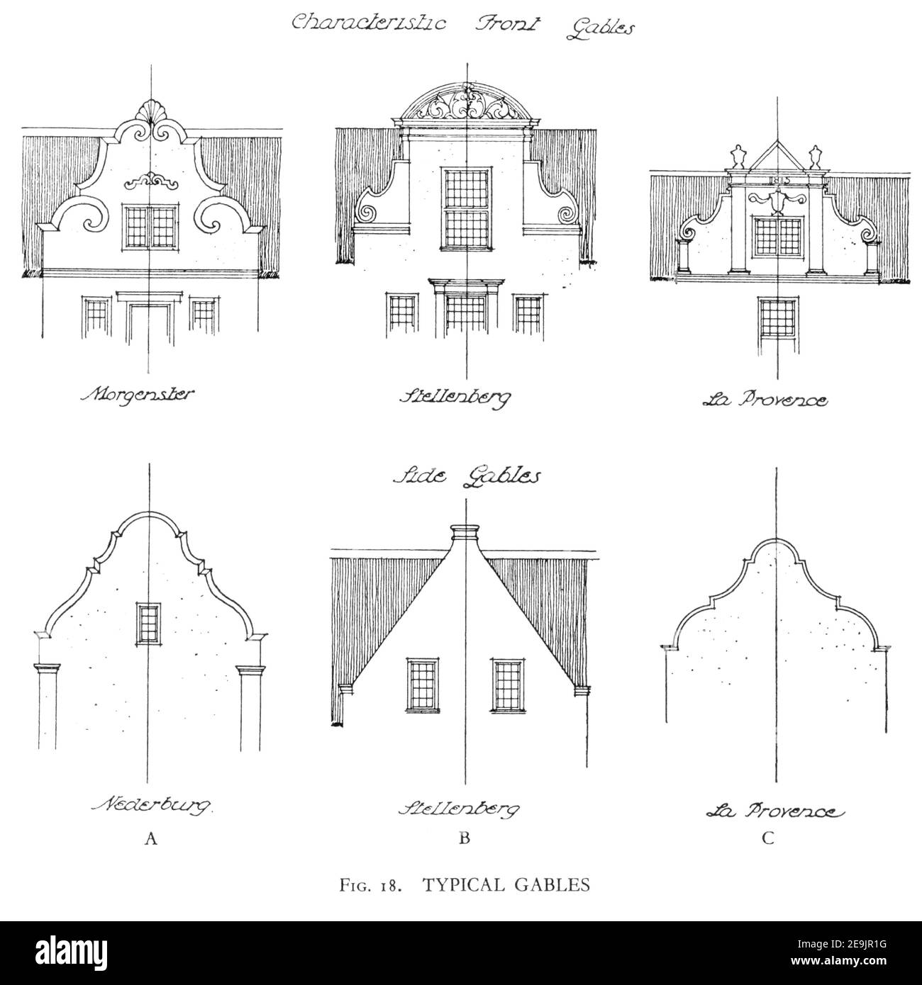 Dutch Cape Gables du livre ' l'architecture du XVIIIe siècle en Afrique du Sud ' de Geoffrey Eastcott Pearse. Publié par A.A. Balkema, le Cap en 1933, G. E. Pearse a été parmi les premiers à apporter l'architecture du Cap à un large public d'une manière savante. L'architecture du XVIIIe siècle en Afrique du Sud a été le résultat de nombreuses années de recherche sur le sujet et demeure un travail de référence important pour le sujet. Banque D'Images