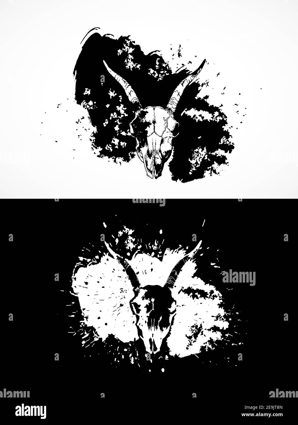 Illustration vectorielle avec crânes de chèvre. Deux variantes : silhouettes noir et blanc avec texture et taches de grunge. Pour t-shirts, affiches et autres votre de Illustration de Vecteur