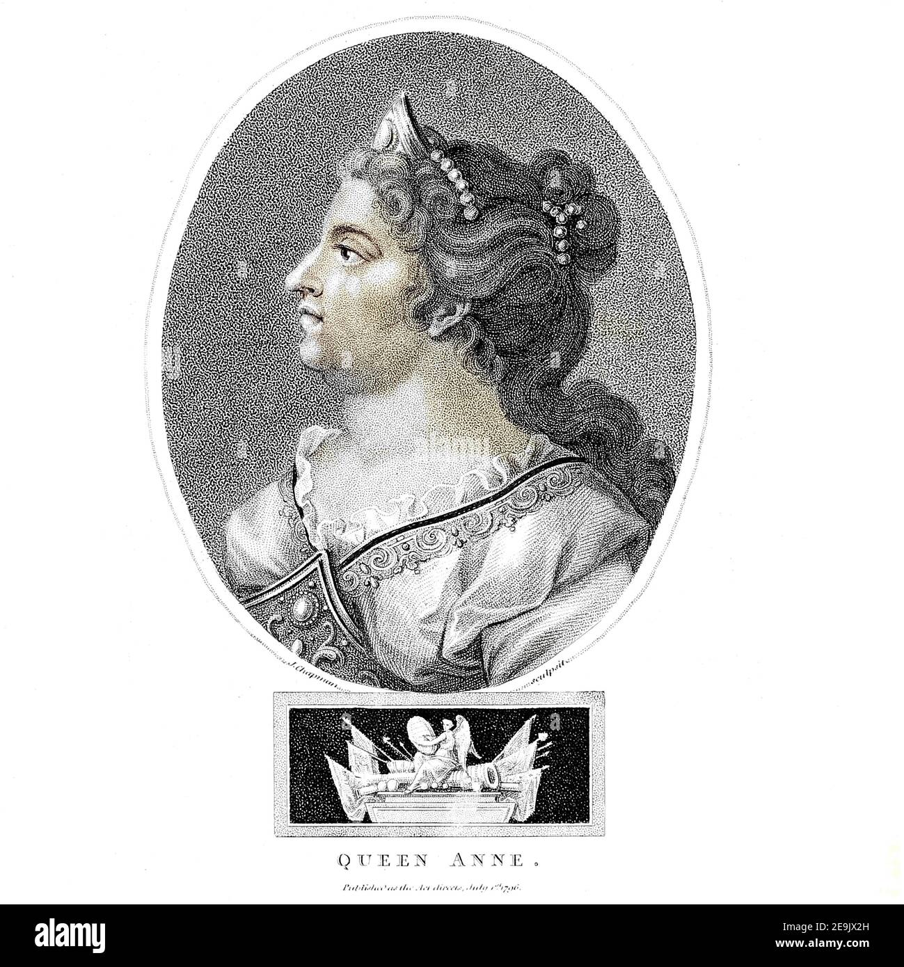Portrait d'Anne, Reine de Grande-Bretagne. Anne (6 février 1665 – 1er août 1714) a été reine d'Angleterre, d'Écosse et d'Irlande entre le 8 mars 1702 et le 1er mai 1707. Le 1er mai 1707, en vertu des actes de l'Union, les royaumes de l'Angleterre et de l'Écosse se sont unis comme un seul État souverain connu sous le nom de Grande-Bretagne. Elle continua à régner en tant que reine de Grande-Bretagne et d'Irlande jusqu'à sa mort en 1714. Gravure sur plaque de coperplate de l'Encyclopedia Londinensis or, Dictionnaire universel des arts, des sciences et de la littérature; Volume I; édité par Wilkes, John. Publié à Londres en 1810 Banque D'Images