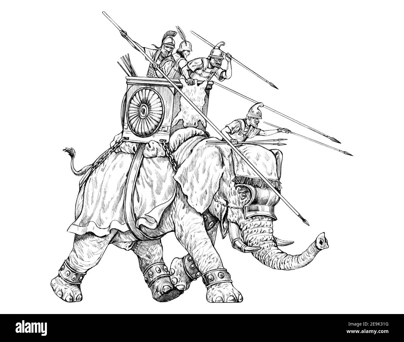 Attaque d'éléphant de guerre, armée de Carthage. Dessin au crayon. Banque D'Images