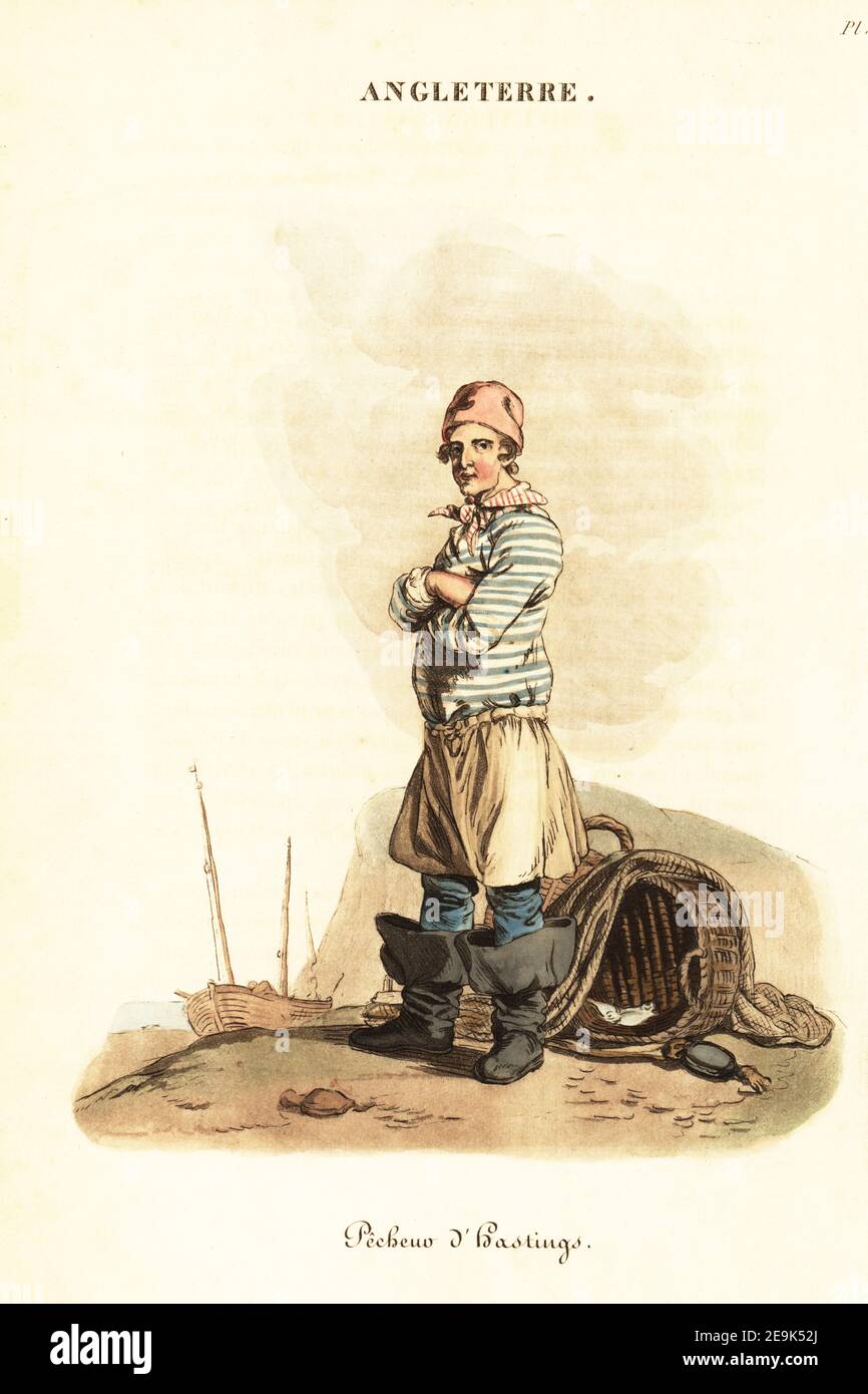 Pêcheur de Hastings, Kent, années 1800. En casquette rouge, chemise rayée,  culottes et bottes, avec filet et panier de poisson. Pêche d'Hastings.  Gravure sur plaque de coperplate de couleur main, d'après une