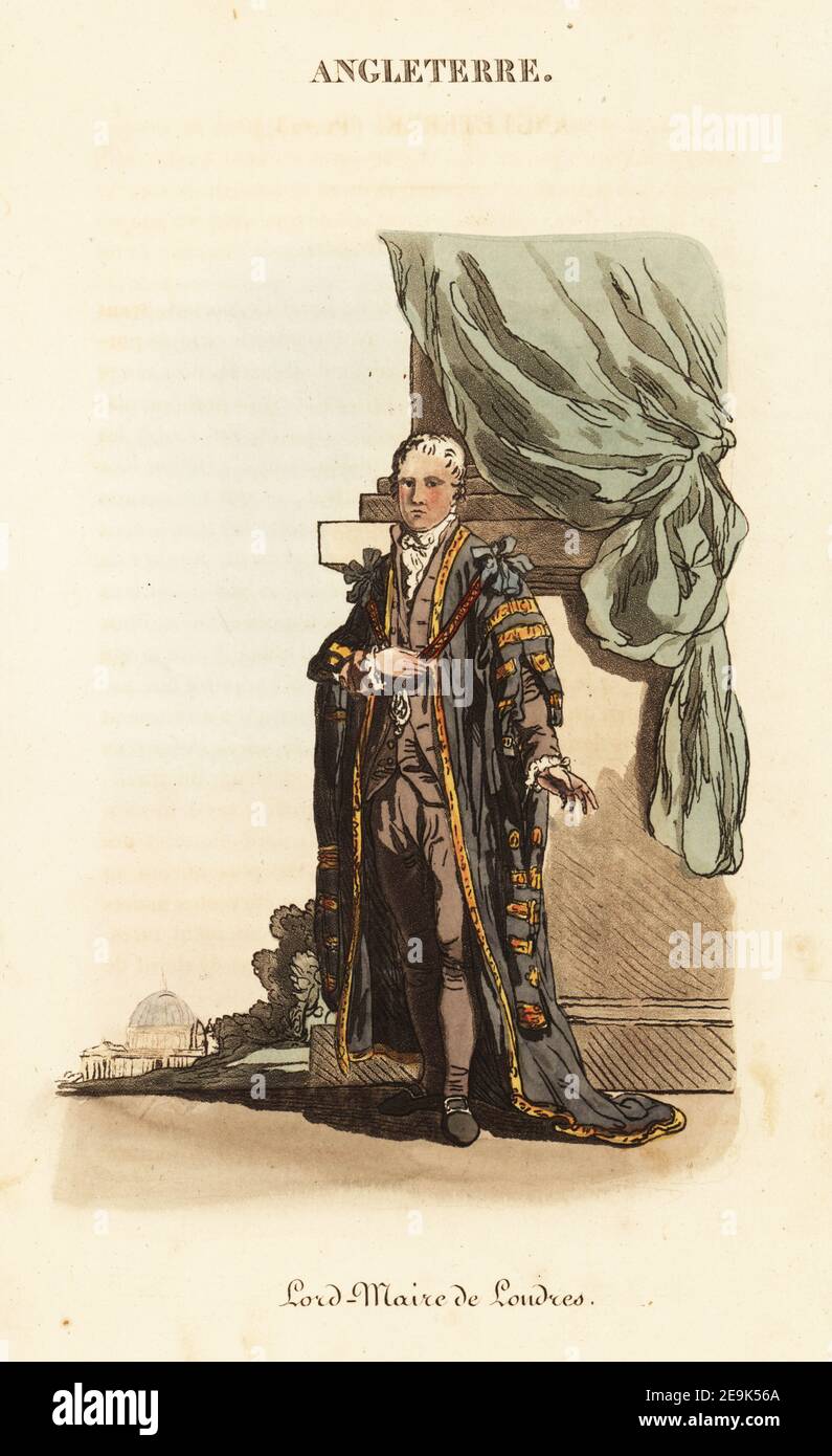 Lord Mayor of London en robes de chambre, années 1800. Avec manteau noir et  chaîne d'or. Seigneur Maire de Londres. Gravure sur plaque de coperplate de  couleur main, d'après une illustration de