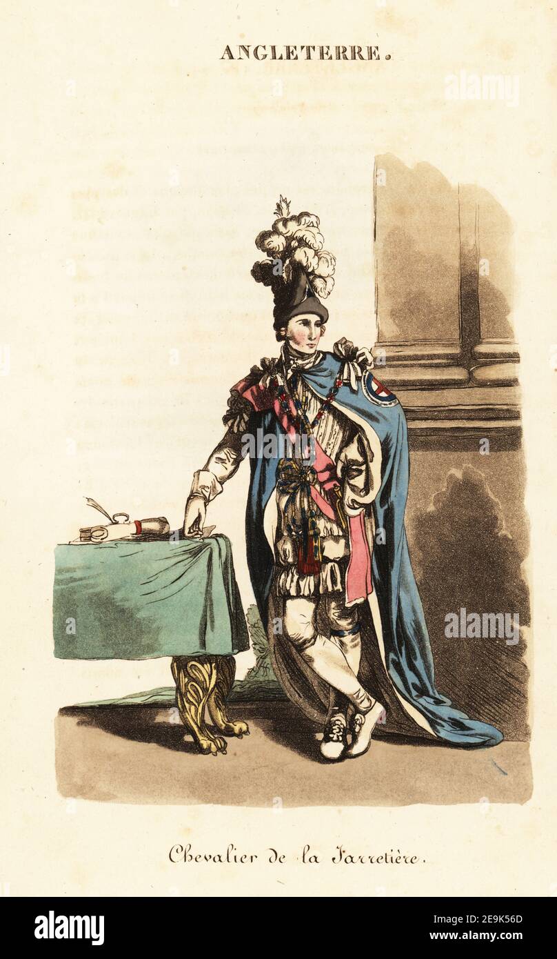 Chevalier de l'ordre du Garter, années 1800. Dans des robes de cérémonie avec pardessus de velours cramoisi, manteau et cagoule de velours violet, escutcheon de la croix de St George sur le manteau. Collier doré avec la figure de St George et le dragon, jarretière brodée et casquette en velours noir avec plumes. Chevalier de la Jarretiere. Gravure sur plaque de coperplate de couleur main, d'après une illustration de William Alexander de J-B. Eyries’ l'Anglais ou costumes, Moeurs et usages des Anglais, Angleterre: Costumes, mœurs et mœurs des Anglais, Librairie de Gide fils, Paris, 1821. Jean-Baptiste Eyries (1767-1846) était un ge français Banque D'Images