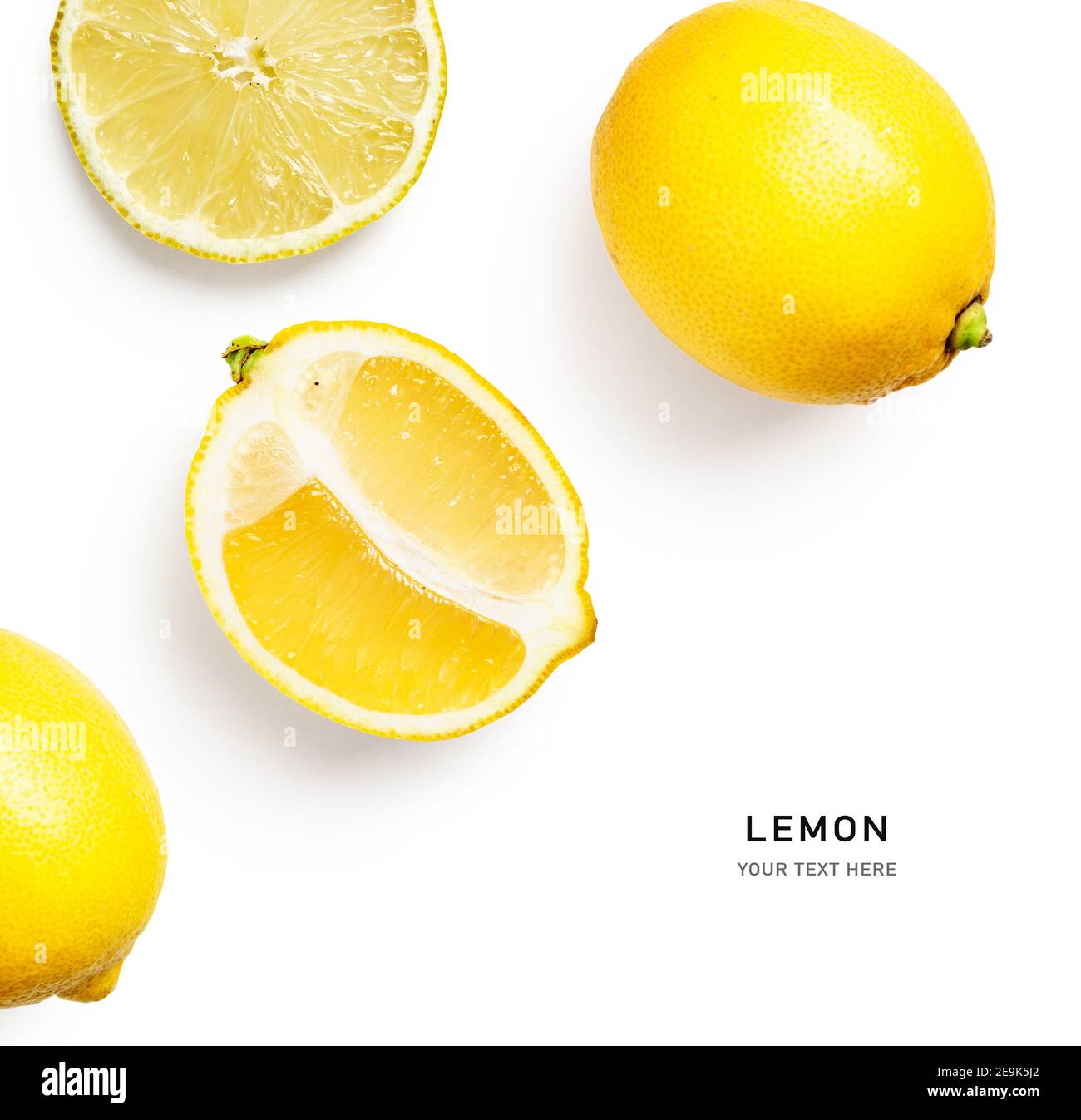 Composition de fruits de citron frais et mise en page créative isolée sur fond blanc. Concept de saine alimentation et de nourriture. Arrangement des agrumes. Vue de dessus, Banque D'Images