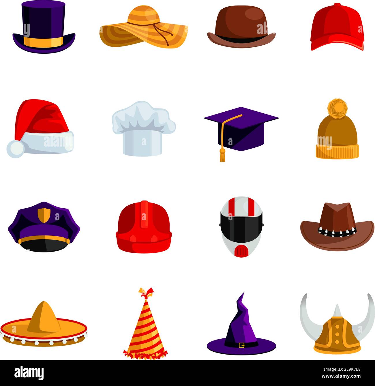 Chapeaux et casquettes jeu d'icônes de couleur plate de sombrero Bowler  chapeau universitaire carré casquette de base-ball chapeau paille santa  claus et clown caps vecteur isolé illustrati Image Vectorielle Stock - Alamy
