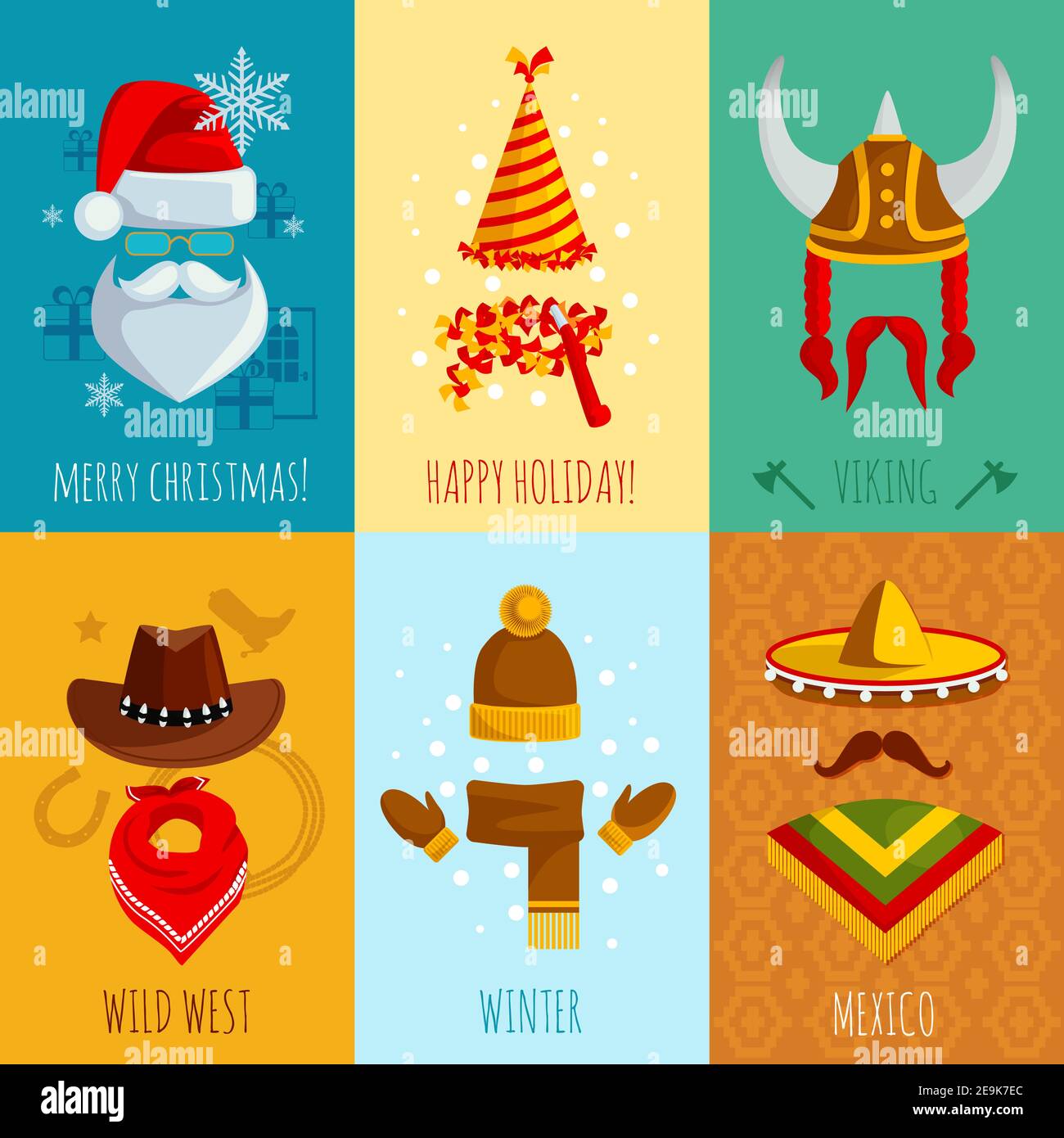 Joyeux noël joyeuses fêtes viking sauvage hiver ouest et mexique chapeau et accessoires plat mini affiches illustration vectorielle Illustration de Vecteur