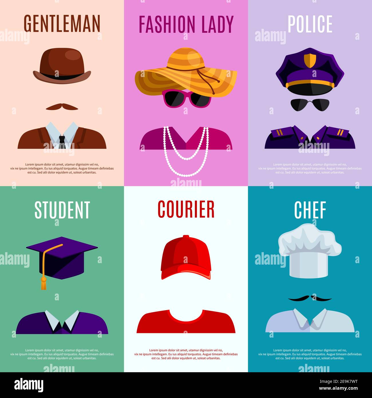 Ensemble de mini affiches de gentilhomme femme police étudiant messagerie et illustration vectorielle des chapeaux de chef et des accessoires Illustration de Vecteur