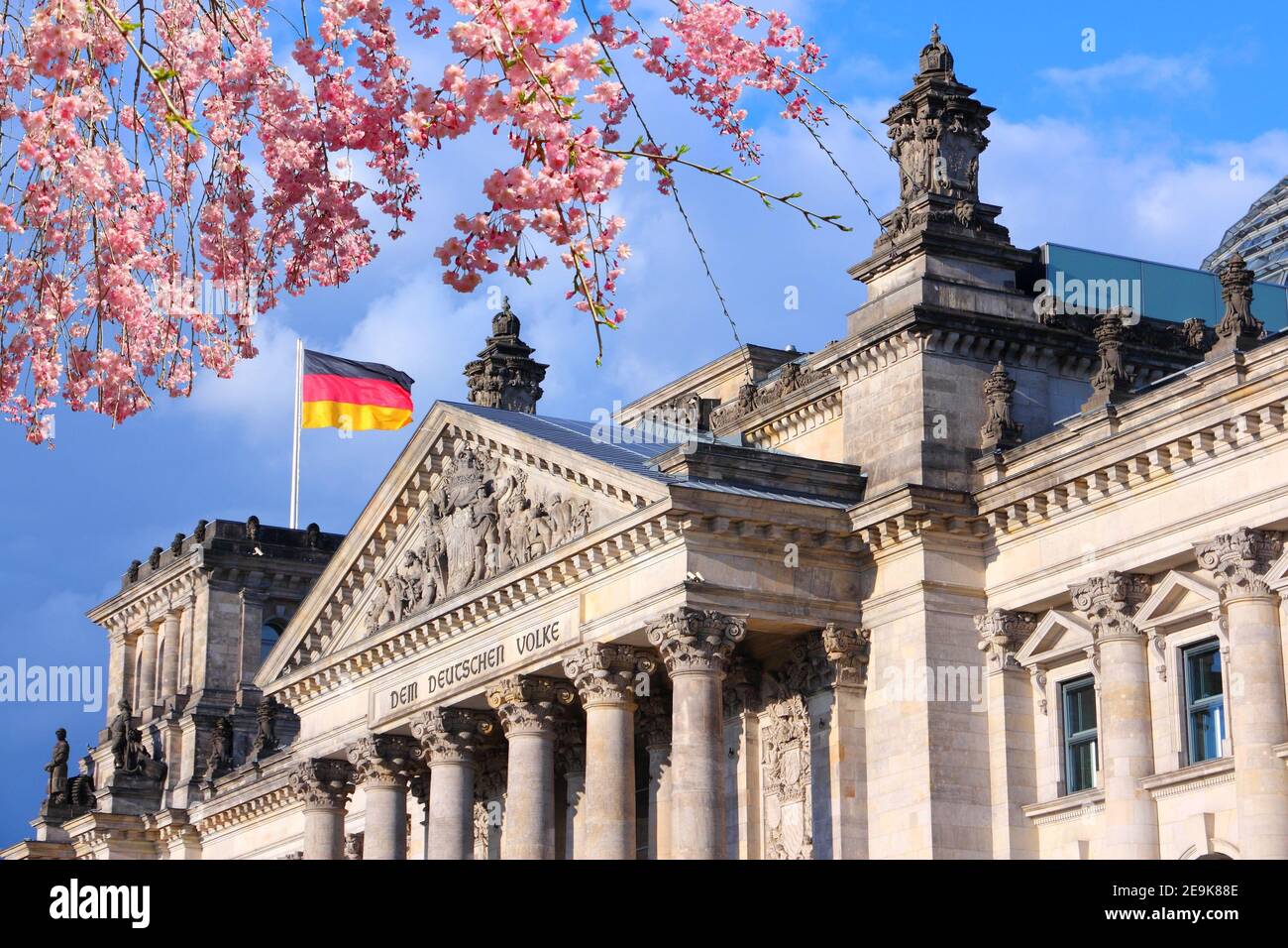 Printemps, cerisiers en fleurs. Bâtiment Reichstag, Parlement allemand. Berlin, Allemagne. Banque D'Images