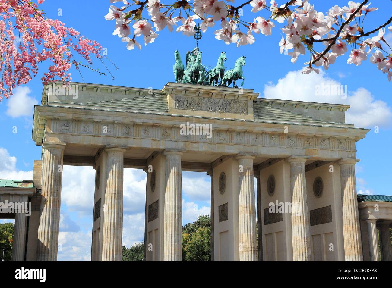 Berlin, Allemagne. Point de repère de la capitale - porte de Brandebourg. Printemps, cerisiers en fleurs. Banque D'Images