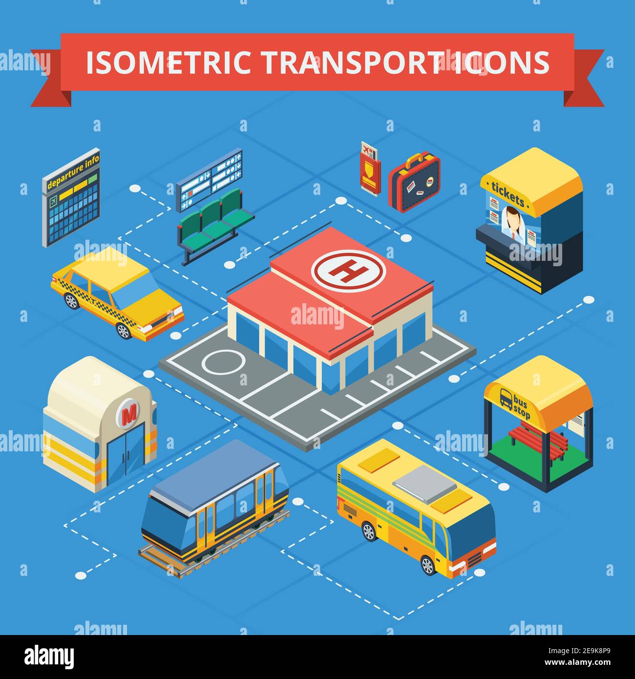 Diagramme isométrique de transport de passagers avec billet de transport municipal et urbain kiosque bâtiment accessoires passagers vecteur isolé ill Illustration de Vecteur
