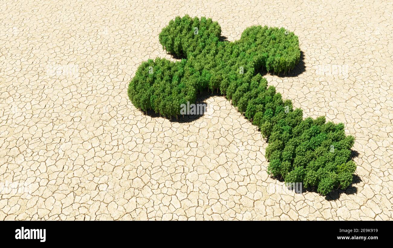 Concept ou groupe conceptuel d'arbre de forêt verte sur fond sec comme signe de la croix chrétienne religieuse. Une métaphore d'illustration 3d pour Dieu Banque D'Images