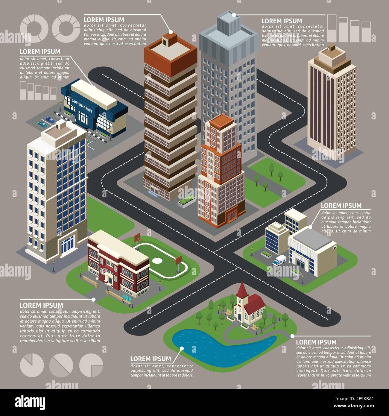 Infographies de ville isométriques avec des gratte-ciel de rue de bâtiments reliés par des pointillés lignes avec graphiques et illustrations vectorielles Illustration de Vecteur