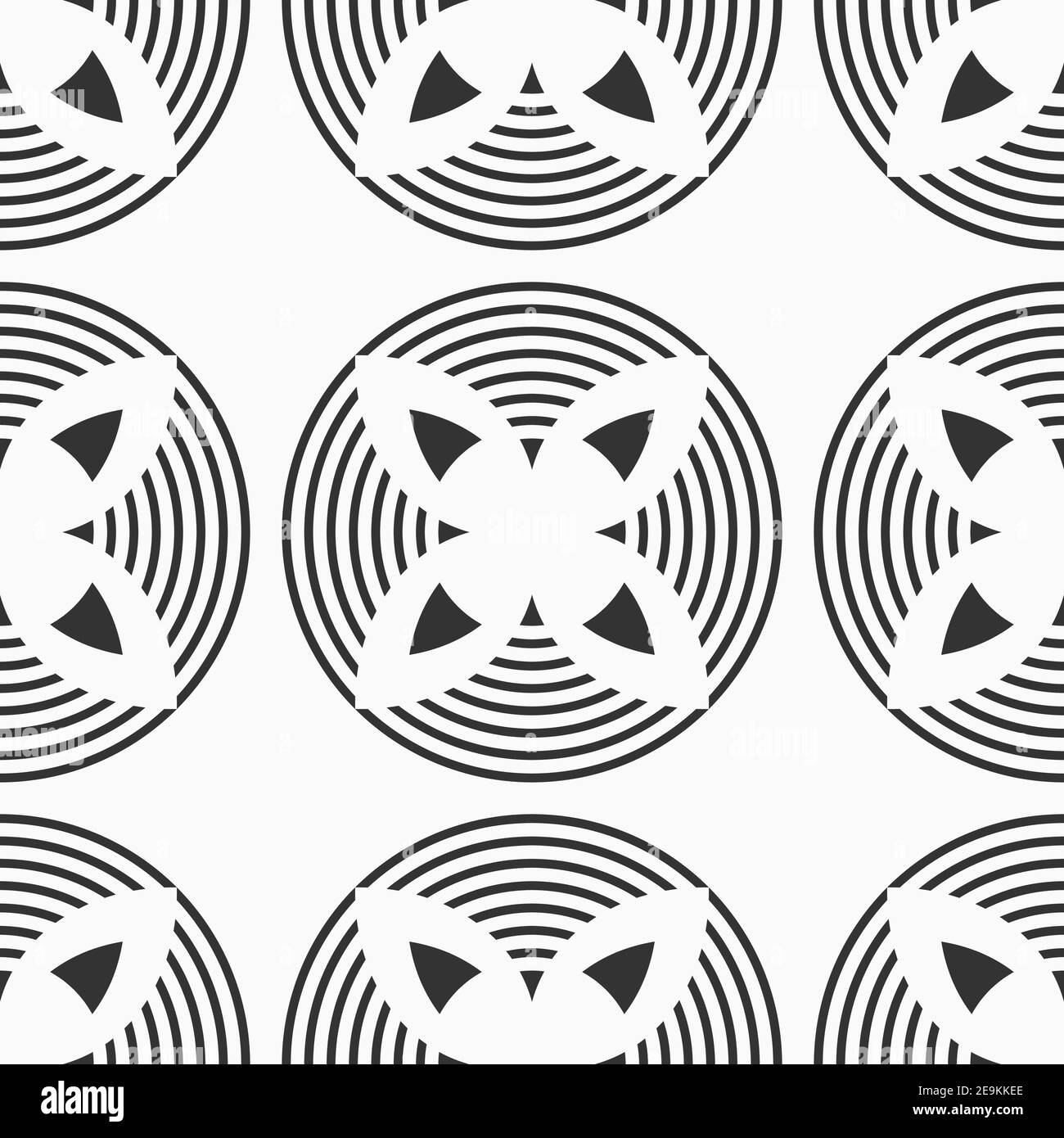 Motif abstrait sans couture avec formes de cercles symétriques, rayures, pétales. Fleurs stylisées. Décoration géométrique répétée. Texture moderne et élégante. Illustration de Vecteur
