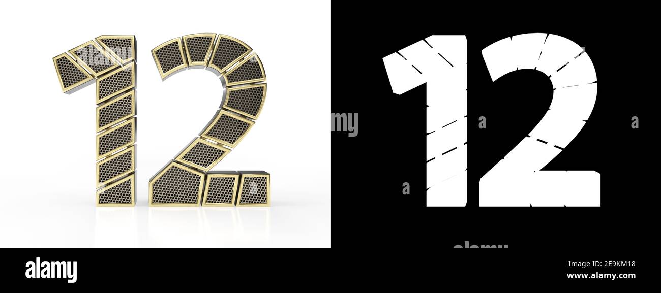 Numéro d'or douze (numéro 12) découpé en segments d'or perforés avec canal alpha et ombre sur fond blanc. Vue avant. Illustration 3D Banque D'Images