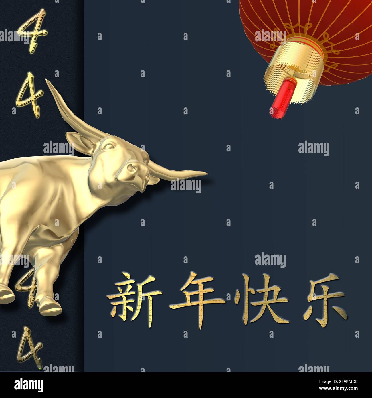 Nouvel an chinois 2021, or ox, chanceux numéro 4, lanterne sur fond bleu. Gold texte bonne année chinoise. Carte du nouvel an orientale 2021. Banque D'Images