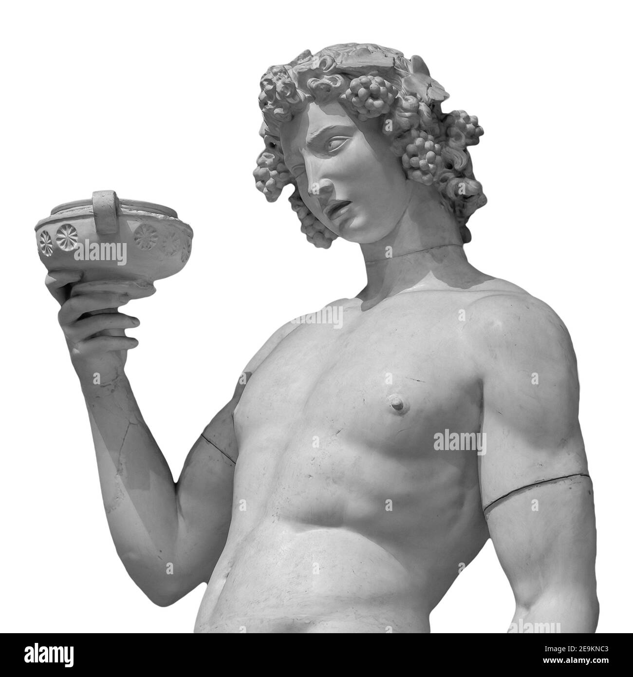 Ancienne statue de Dionysos isolée sur fond blanc. Dionysos est le Dieu de la récolte du raisin, du vin et du merriment. Aussi connu sous le nom de Bacchus Banque D'Images