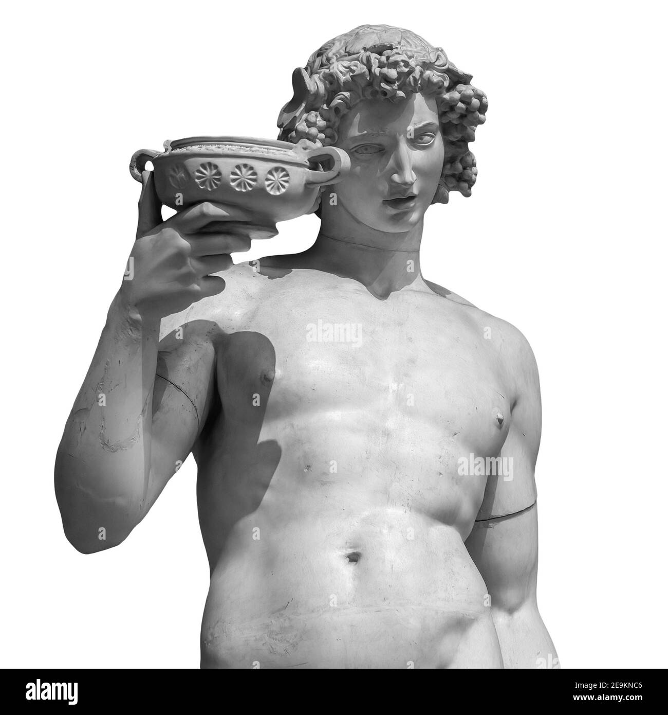 Ancienne statue de Dionysos isolée sur fond blanc. Dionysos est le Dieu de la récolte du raisin, du vin et du merriment. Aussi connu sous le nom de Bacchus Banque D'Images
