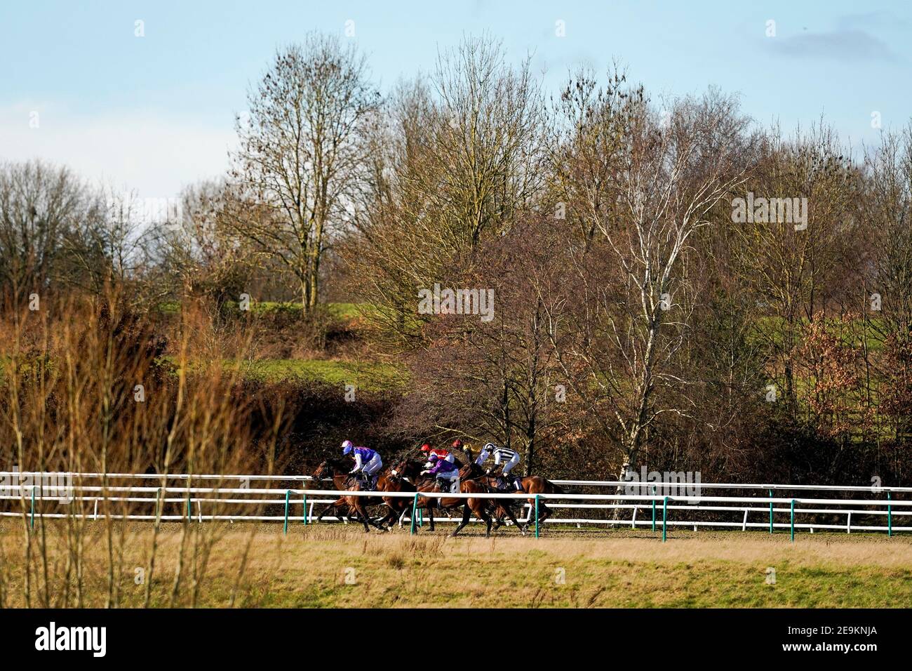 Un point de vue général tandis que les coureurs descendent le long de la ligne droite dans le handicap de bière ambrée Bombardier à l'hippodrome de Lingfield. Date de la photo : vendredi 5 février 2021. Banque D'Images