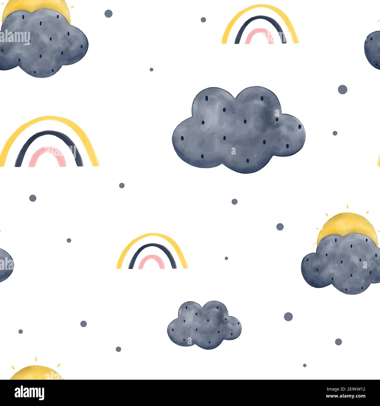 Joli motif sans couture avec soleil, nuages et arcs-en-ciel dans l'aquarelle isolée sur fond blanc. Illustration vectorielle de style scandinave dessinée à la main. Illustration de Vecteur