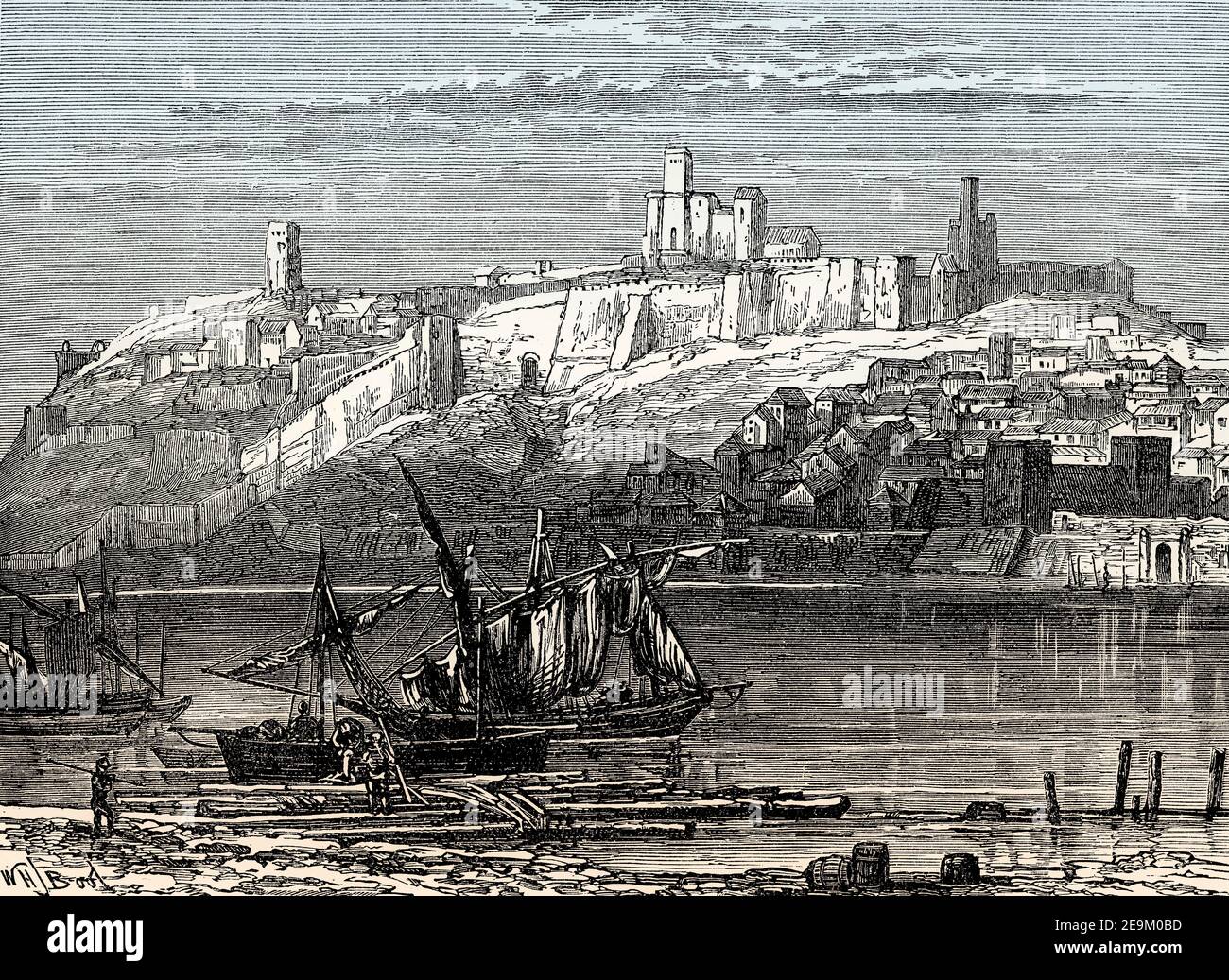 Vue historique de Badajoz, début XIXe siècle, province de Badajoz, Espagne, des batailles britanniques sur terre et mer, par James Grant Banque D'Images