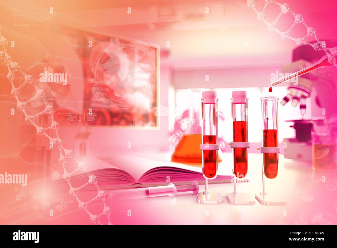 Illustration médicale 3D, flacons de tubes à essai dans un établissement universitaire - test génétique d'échantillon de sang pour l'azote uréique ou le lupus avec recouvrement de gradient créatif Banque D'Images