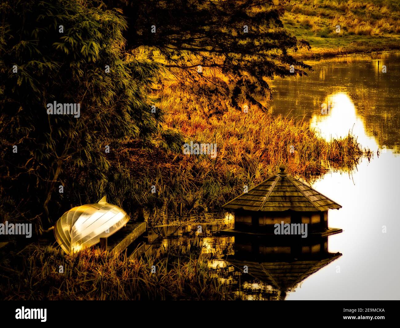 Une douce lumière dorée brille sur une maison de canards sur le canal de Kennett et Avon à Kintbury, Hungerford, Berkshire, lors d'une soirée chaude. Banque D'Images