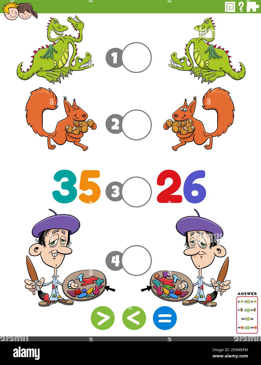 Illustration de dessin animé de jeu de puzzle mathématique éducatif de plus  grand que, moins que ou égal à pour les enfants avec des caractères drôles  feuille de travail page Image Vectorielle