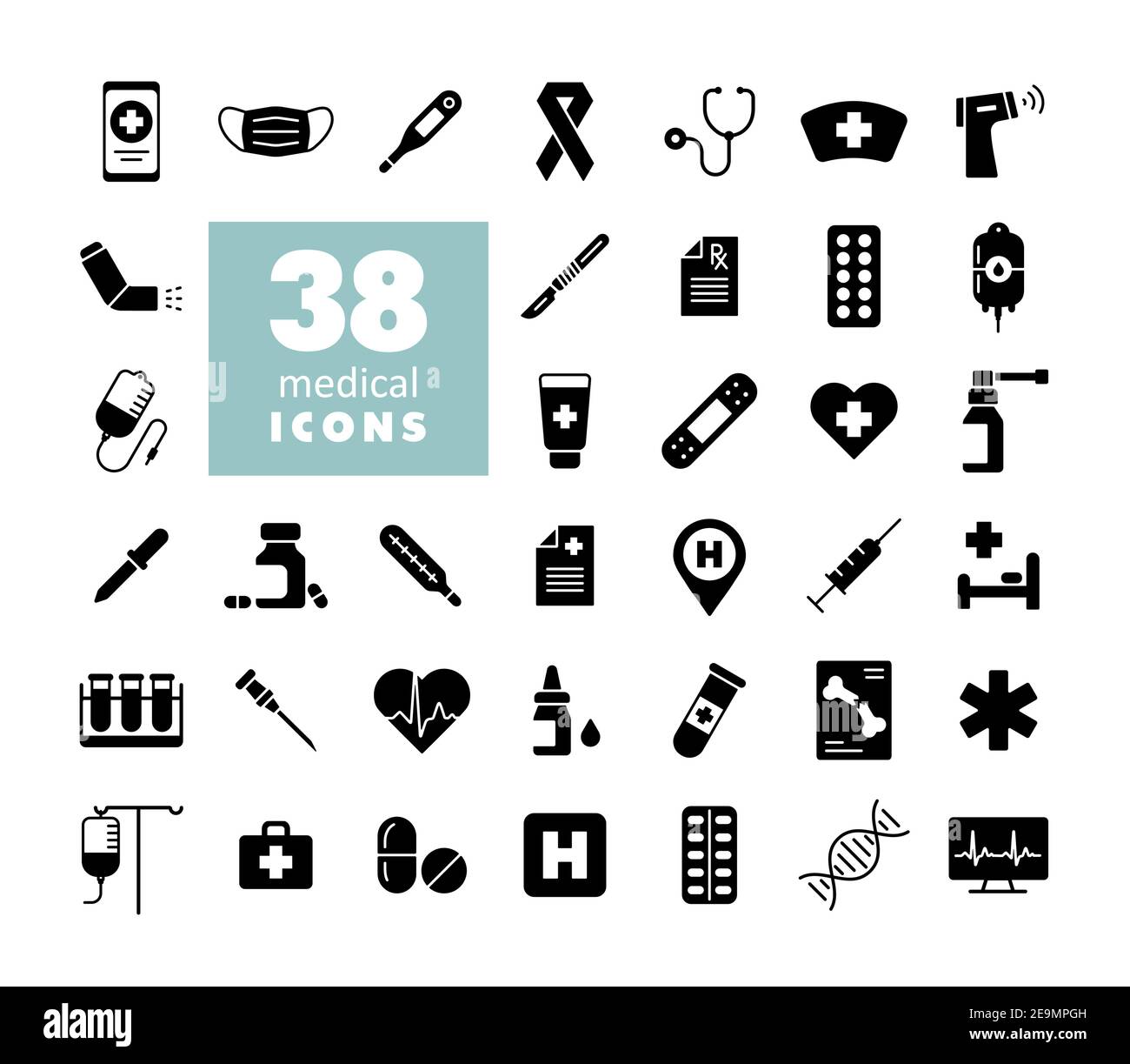 Jeu d'icônes de glyphe vecteur médical. Médecine et soins de santé, signe de soutien médical. Symbole graphique pour la conception de sites Web médicaux et d'applications, le logo, l'application, l'interface utilisateur Illustration de Vecteur